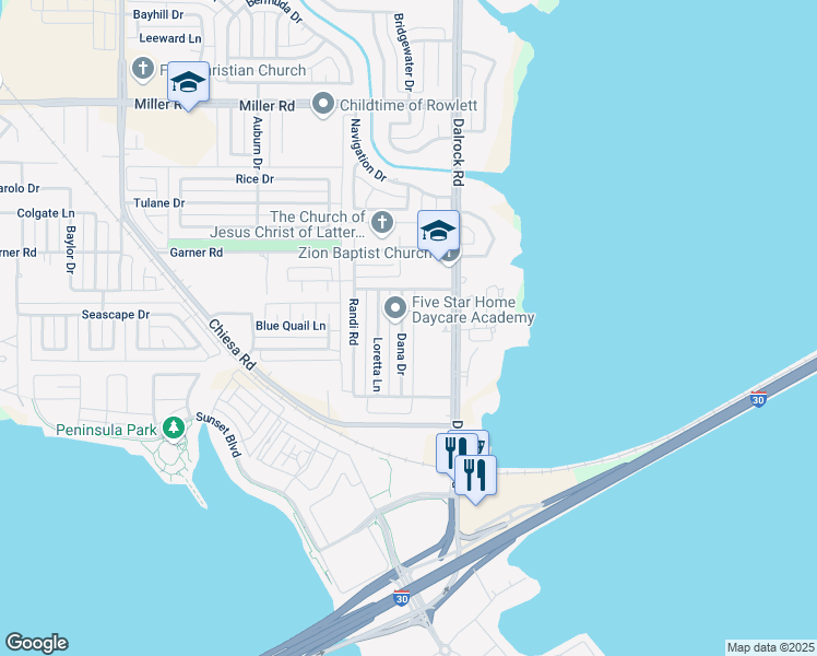map of restaurants, bars, coffee shops, grocery stores, and more near 2222 Dana Drive in Rowlett