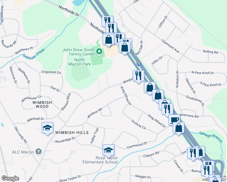 map of restaurants, bars, coffee shops, grocery stores, and more near 819 Wimbish Road in Macon