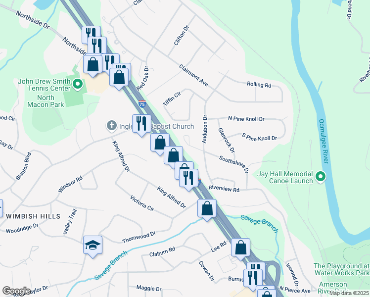 map of restaurants, bars, coffee shops, grocery stores, and more near 2940 Southshore Court in Macon