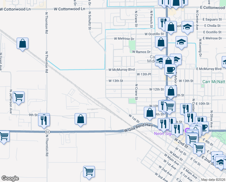 map of restaurants, bars, coffee shops, grocery stores, and more near 713 West 12th Street in Casa Grande