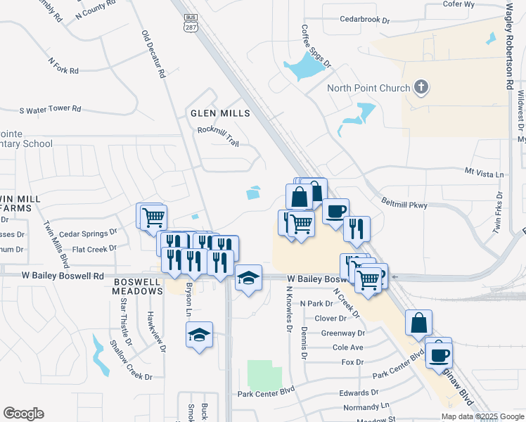 map of restaurants, bars, coffee shops, grocery stores, and more near 701 Saginaw Square Boulevard in Saginaw