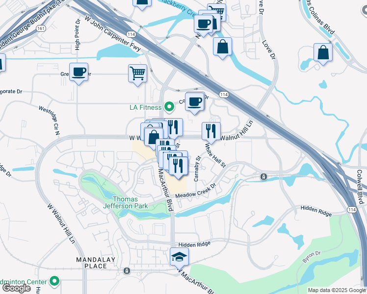 map of restaurants, bars, coffee shops, grocery stores, and more near 950 West Walnut Hill Lane in Irving