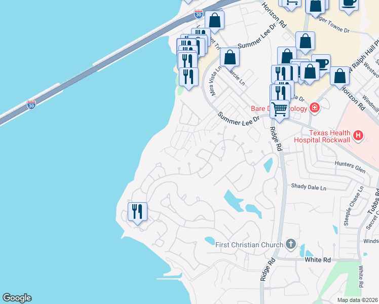 map of restaurants, bars, coffee shops, grocery stores, and more near 1101 Signal Ridge Place in Rockwall