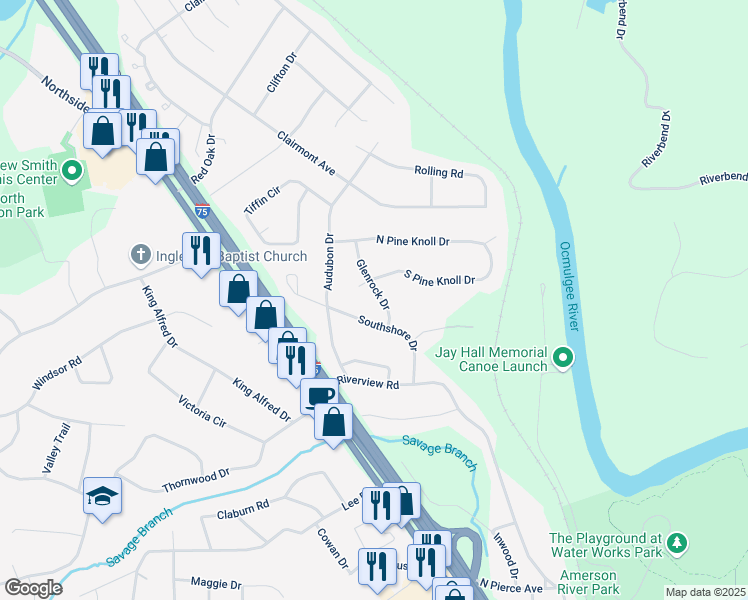 map of restaurants, bars, coffee shops, grocery stores, and more near 2962 Glenrock Drive in Macon