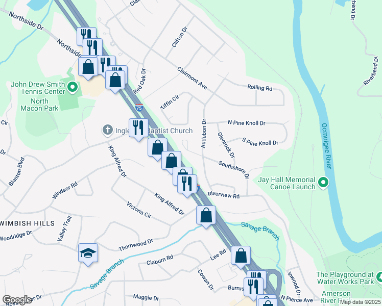 map of restaurants, bars, coffee shops, grocery stores, and more near 2940 Southshore Court in Macon
