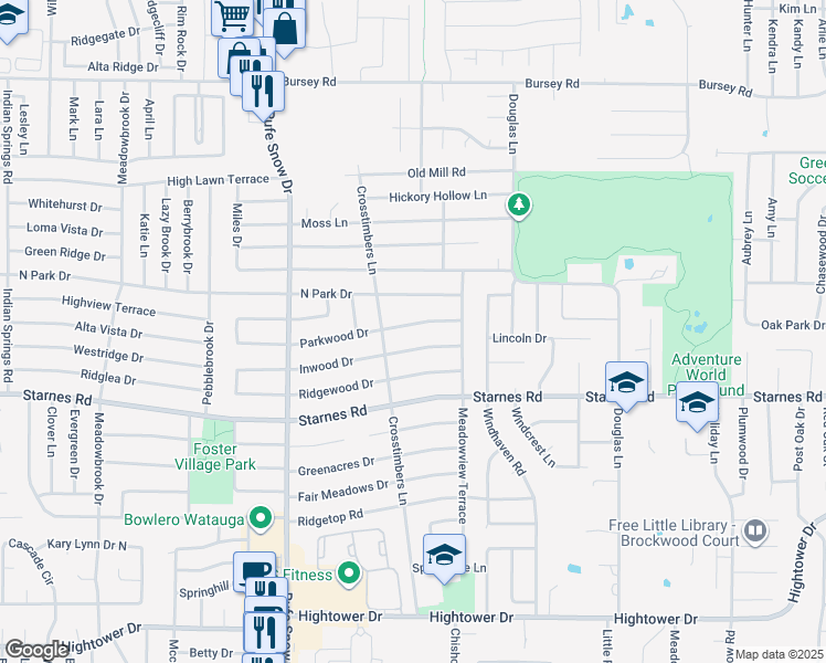 map of restaurants, bars, coffee shops, grocery stores, and more near 6816 Parkwood Drive in Fort Worth