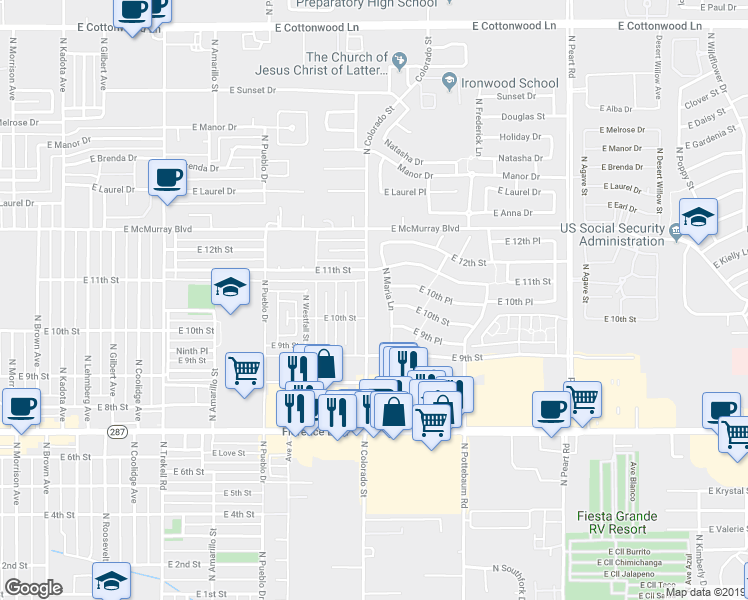 map of restaurants, bars, coffee shops, grocery stores, and more near 1023 North Maria Lane in Casa Grande