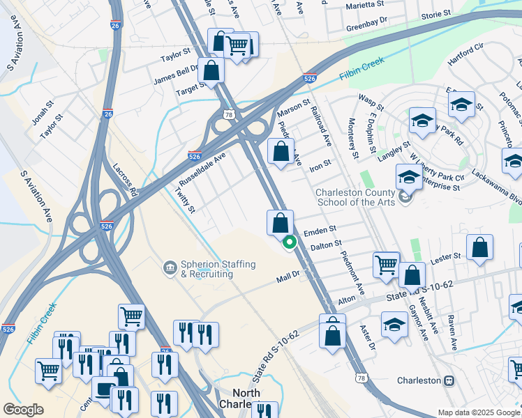 map of restaurants, bars, coffee shops, grocery stores, and more near 5043 Rivers Avenue in North Charleston