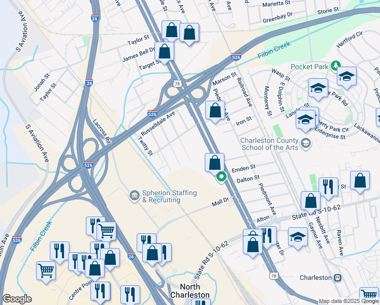 map of restaurants, bars, coffee shops, grocery stores, and more near 5043 Rivers Avenue in North Charleston