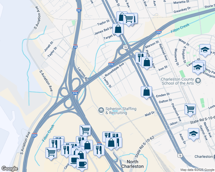 map of restaurants, bars, coffee shops, grocery stores, and more near 5115 Twitty Street in North Charleston