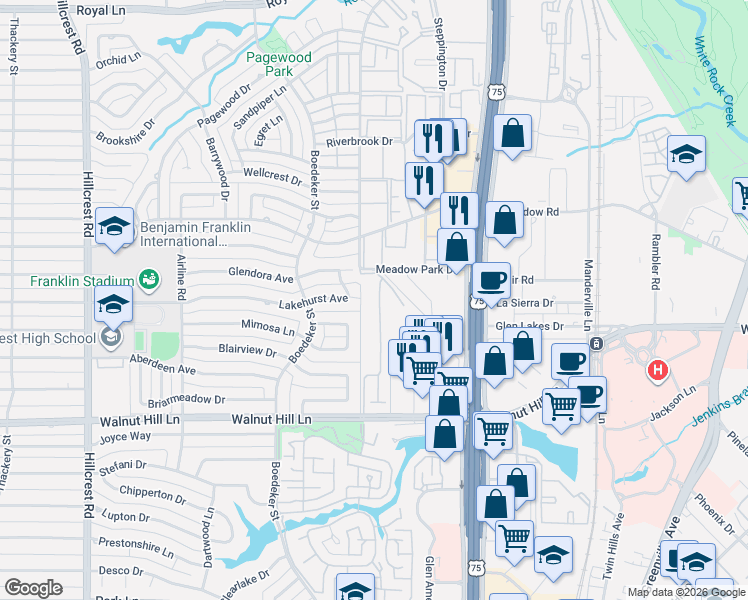 map of restaurants, bars, coffee shops, grocery stores, and more near 9917 Kingsway Avenue in Dallas
