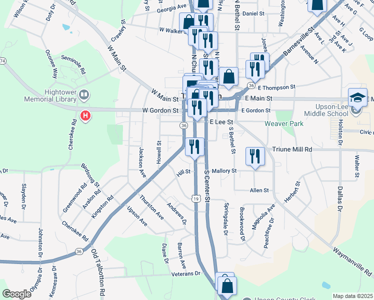 map of restaurants, bars, coffee shops, grocery stores, and more near 205 Thomas Street in Thomaston