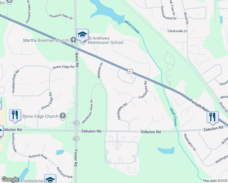 map of restaurants, bars, coffee shops, grocery stores, and more near 336 Dickens Drive in Macon