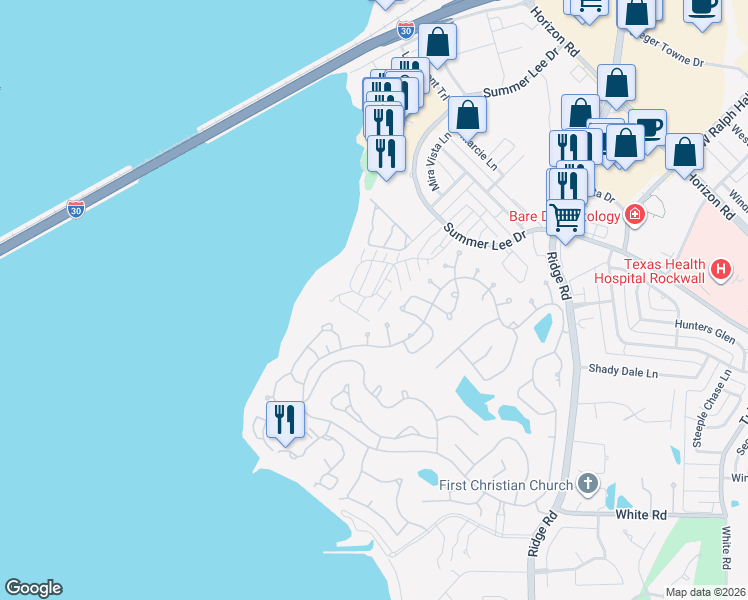 map of restaurants, bars, coffee shops, grocery stores, and more near 1101 Signal Ridge Place in Rockwall