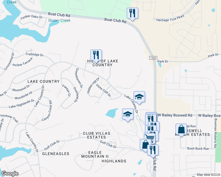 map of restaurants, bars, coffee shops, grocery stores, and more near 8842 Township Court in Fort Worth