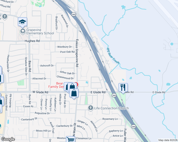 map of restaurants, bars, coffee shops, grocery stores, and more near 4707 Taylor Lane in Grapevine
