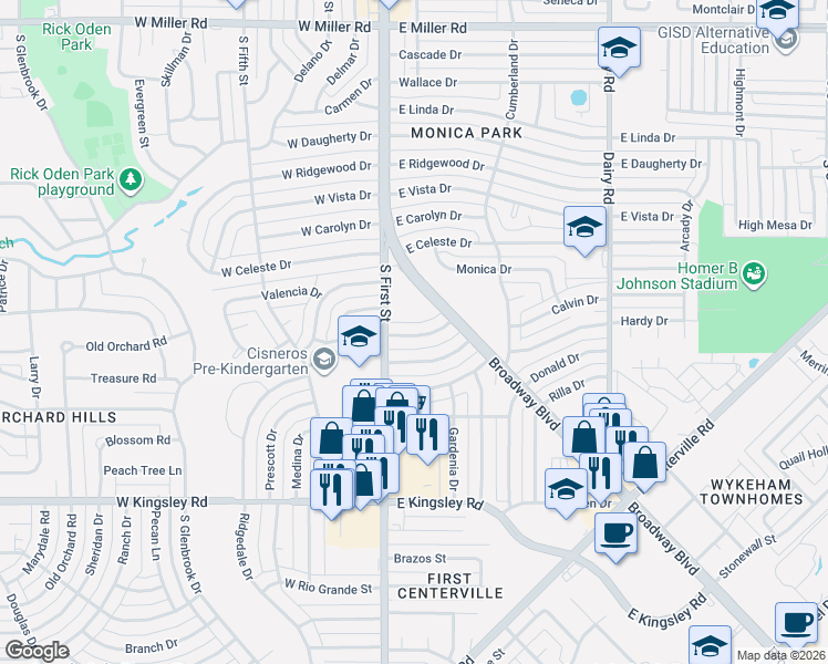 map of restaurants, bars, coffee shops, grocery stores, and more near 117 East Chico Drive in Garland