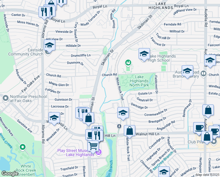 map of restaurants, bars, coffee shops, grocery stores, and more near 16 Merriwood Drive in Dallas