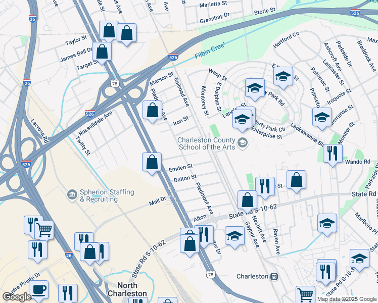 map of restaurants, bars, coffee shops, grocery stores, and more near 1924 Fuller Street in North Charleston