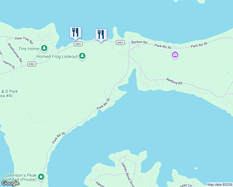 map of restaurants, bars, coffee shops, grocery stores, and more near 3071 Park Road 36 in Graford