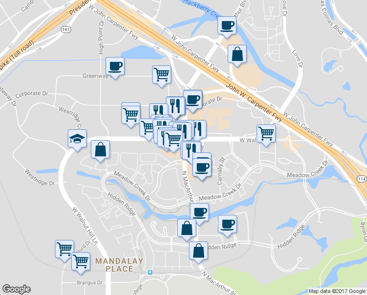 map of restaurants, bars, coffee shops, grocery stores, and more near 5481 North Macarthur Boulevard in Irving