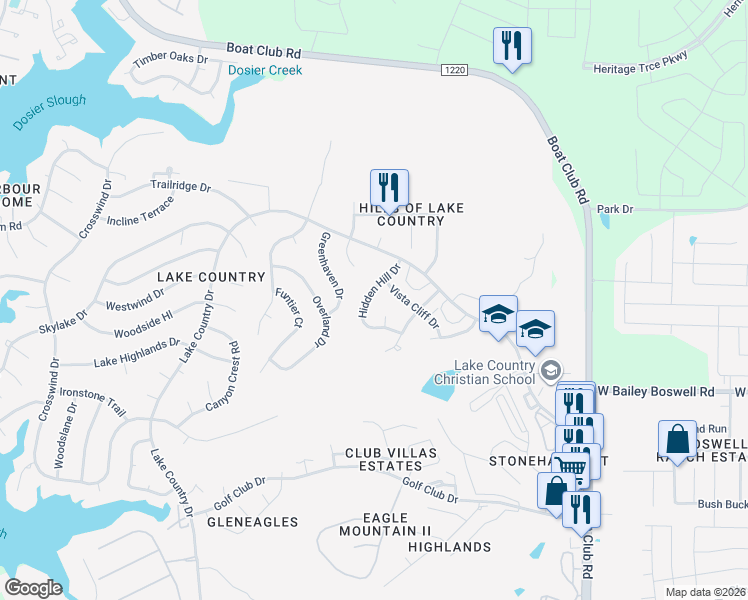 map of restaurants, bars, coffee shops, grocery stores, and more near 8817 Hidden Hill Drive in Fort Worth