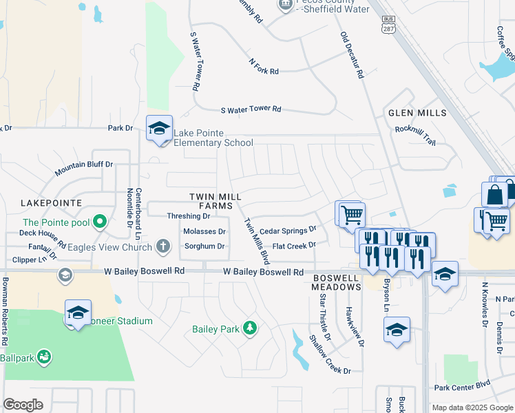map of restaurants, bars, coffee shops, grocery stores, and more near 5033 Caraway Drive in Fort Worth