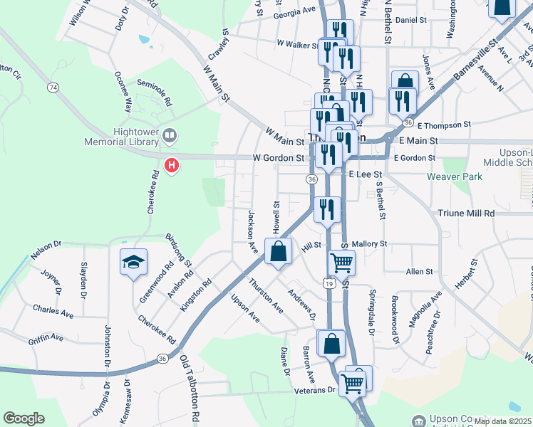 map of restaurants, bars, coffee shops, grocery stores, and more near 321 Jackson Avenue in Thomaston