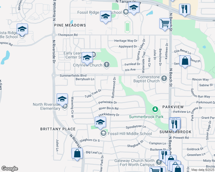 map of restaurants, bars, coffee shops, grocery stores, and more near 7900 Flowertree Court in Fort Worth