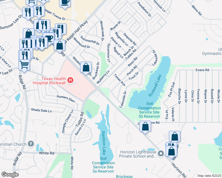 map of restaurants, bars, coffee shops, grocery stores, and more near 265 Althea Road in Rockwall