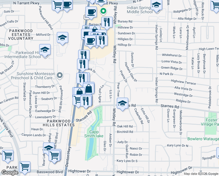 map of restaurants, bars, coffee shops, grocery stores, and more near 7737 Liz Lane in Watauga