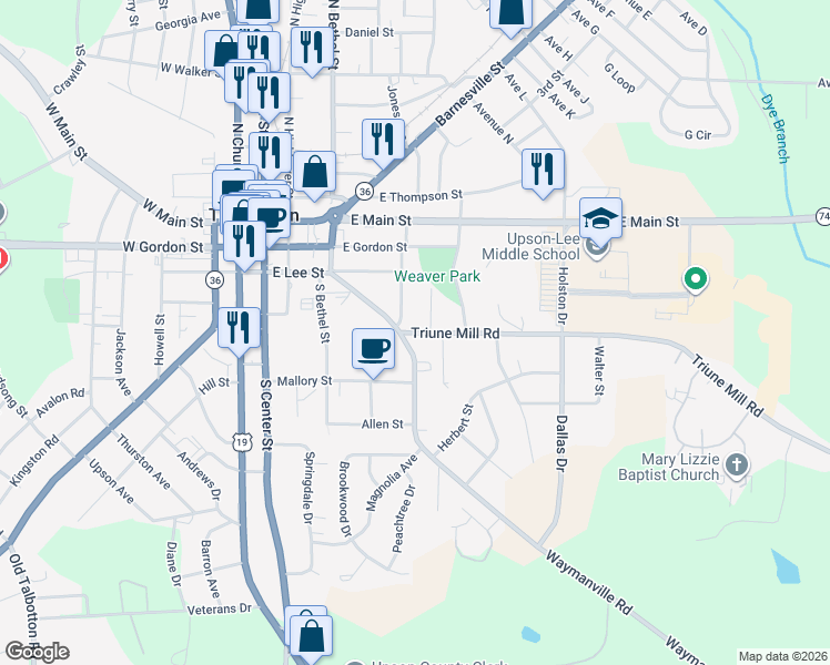 map of restaurants, bars, coffee shops, grocery stores, and more near 332 East Lee Street in Thomaston