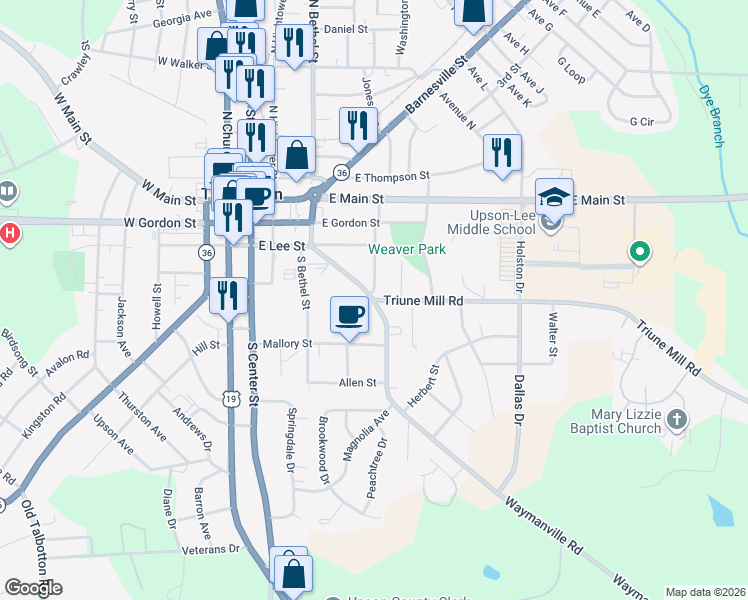 map of restaurants, bars, coffee shops, grocery stores, and more near 332 East Lee Street in Thomaston