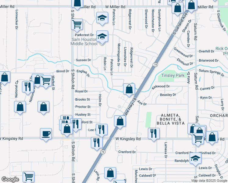 map of restaurants, bars, coffee shops, grocery stores, and more near 2640 Patricia Lane in Garland