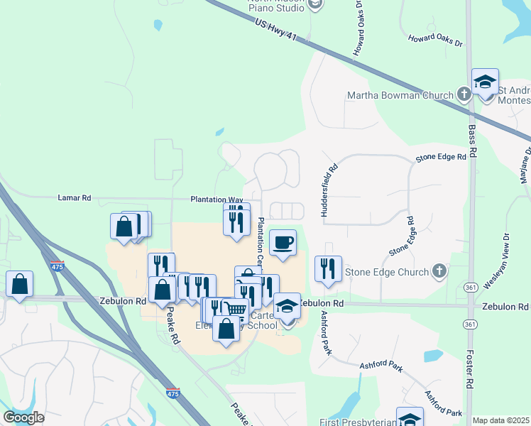 map of restaurants, bars, coffee shops, grocery stores, and more near 5953 Plantation Centre Drive North in Macon