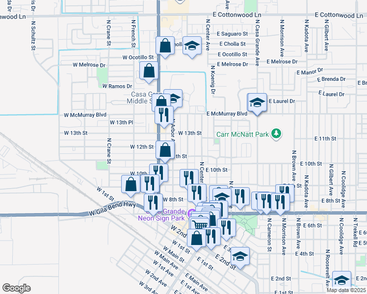 map of restaurants, bars, coffee shops, grocery stores, and more near 1200 North Park Avenue in Casa Grande