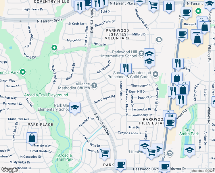 map of restaurants, bars, coffee shops, grocery stores, and more near 7949 Klamath Mountain Road in Fort Worth