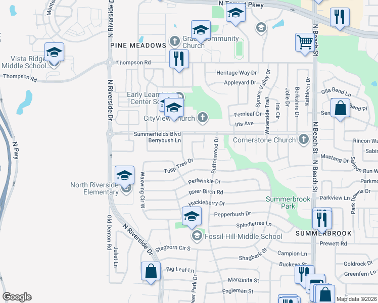 map of restaurants, bars, coffee shops, grocery stores, and more near 7916 Fox Chase Drive in Fort Worth