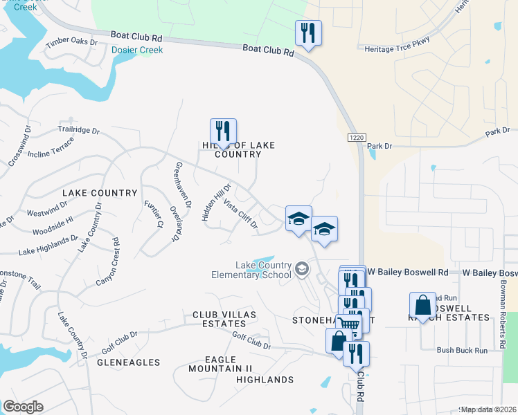map of restaurants, bars, coffee shops, grocery stores, and more near 8842 Township Court in Fort Worth