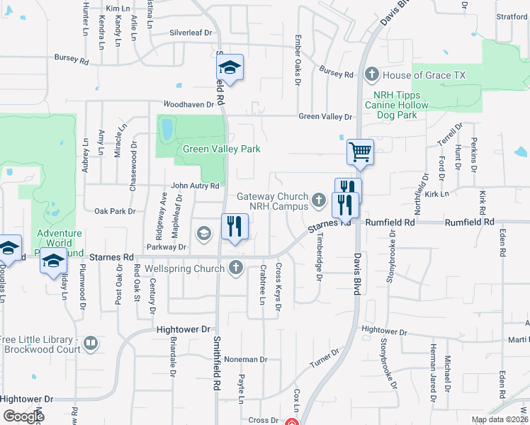 map of restaurants, bars, coffee shops, grocery stores, and more near 7445 Timberhill Drive in North Richland Hills