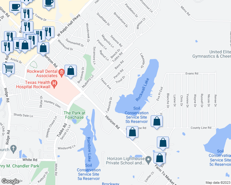 map of restaurants, bars, coffee shops, grocery stores, and more near 315 Lakeside Drive in Rockwall