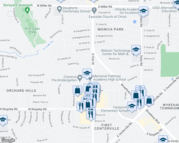map of restaurants, bars, coffee shops, grocery stores, and more near 105 West Chico Drive in Garland