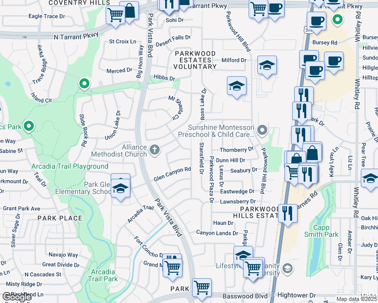 map of restaurants, bars, coffee shops, grocery stores, and more near 7951 Grand Teton Trail in Fort Worth