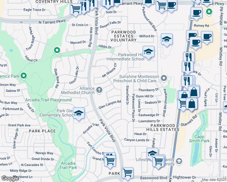 map of restaurants, bars, coffee shops, grocery stores, and more near 7949 Klamath Mountain Road in Fort Worth