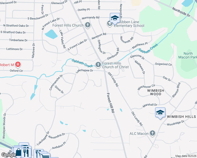 map of restaurants, bars, coffee shops, grocery stores, and more near 638 Lokchapee Ridge in Macon