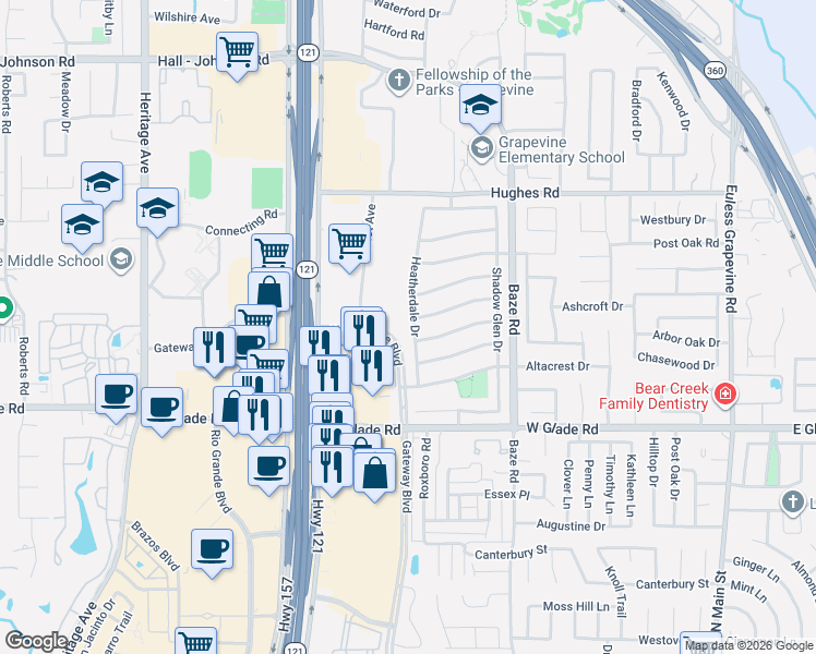 map of restaurants, bars, coffee shops, grocery stores, and more near 5222 Heatherdale Drive in Grapevine
