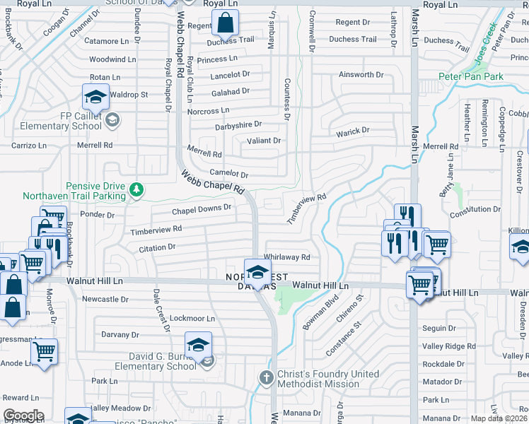 map of restaurants, bars, coffee shops, grocery stores, and more near 3404 Evening Petal Lane in Dallas