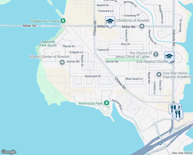 map of restaurants, bars, coffee shops, grocery stores, and more near 2321 Windridge Lane in Rowlett