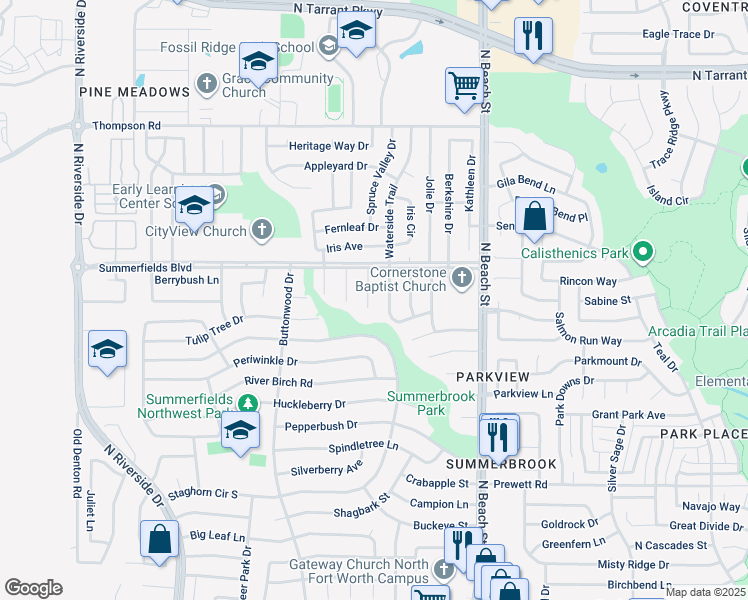 map of restaurants, bars, coffee shops, grocery stores, and more near 7908 Woodrock Court in Fort Worth