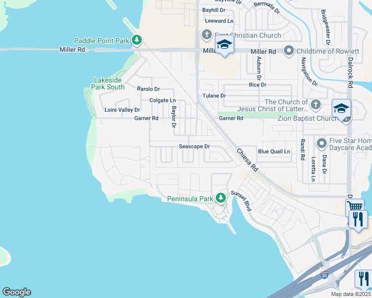 map of restaurants, bars, coffee shops, grocery stores, and more near 2322 Crestview Lane in Rowlett